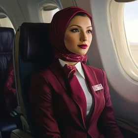 Burgundy Clad Flight Attendant Looking Out Window