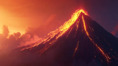 Volcano Eruption with Flowing Lava at Dusk