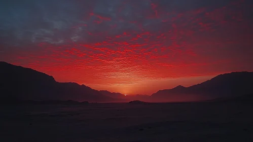 Mountain Silhouette Sunset in Fiery Red Sky