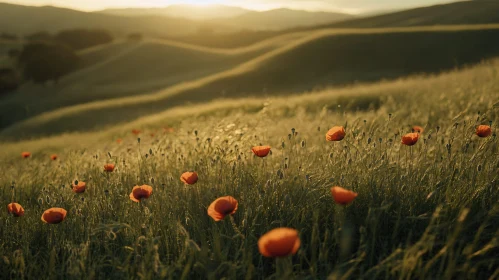 Sunset Over Meadow of Red Poppies