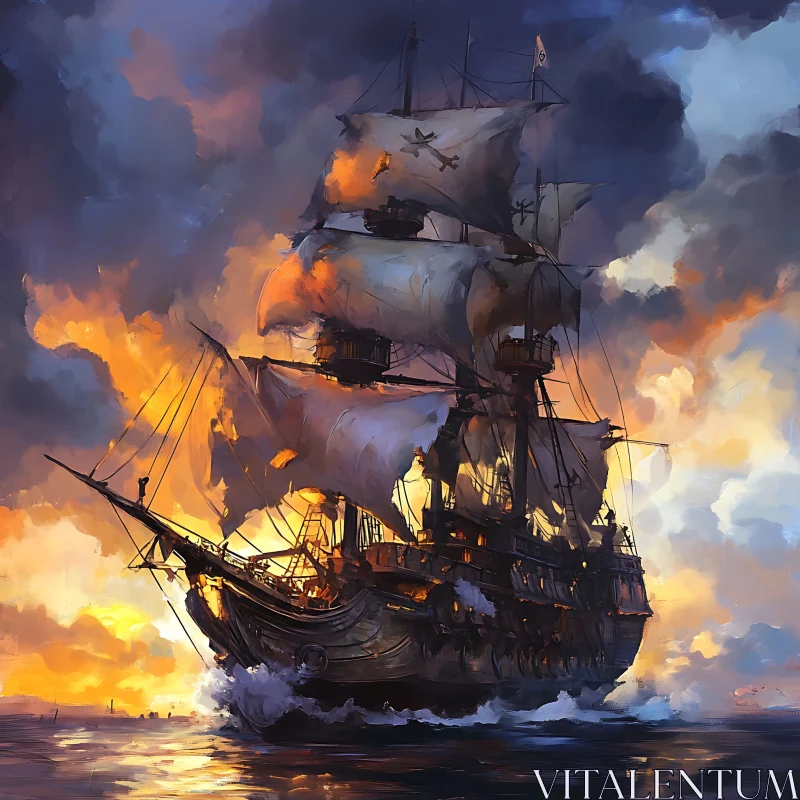 Sailing Ship at Sea During Sunset AI Image