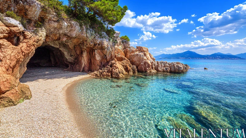 Seaside Cave on Pebble Beach with Clear Water AI Image