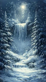 Winter Waterfall in Snowy Forest