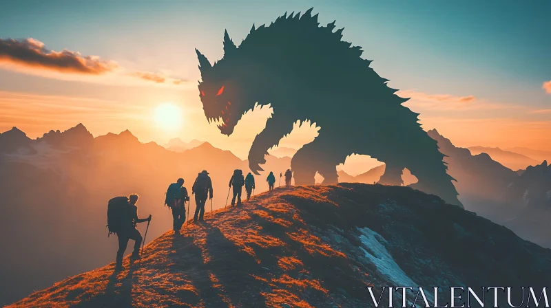 Hikers Confronted by Monstrous Silhouette at Sunset AI Image