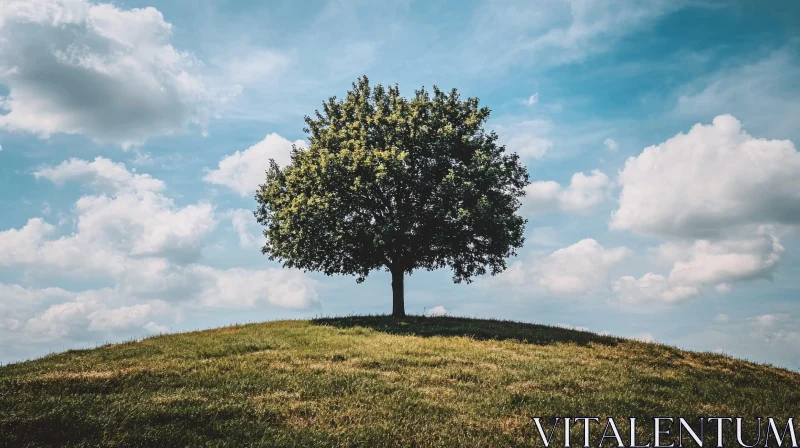 Single Tree on Hill Under Cloudy Sky AI Image