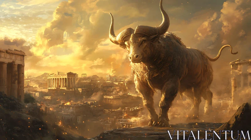 Titanic Bull Overlooking Ancient Devastation AI Image