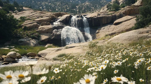 Tranquil Waterfall Scene with Daisies in Bloom