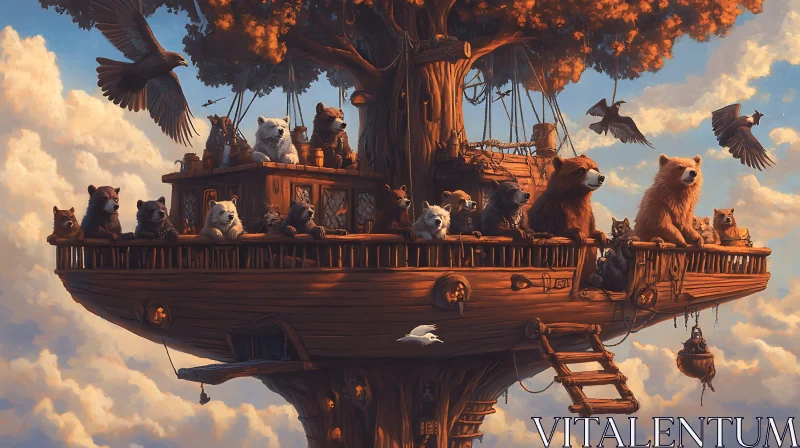 Fantasy Treehouse with Bears in the Sky AI Image