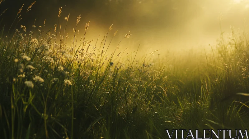 Tranquil Meadow in Early Morning Sun AI Image