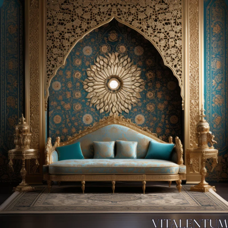 Luxurious Gold and Blue Room with Asian-Inspired Ornate Designs AI Image