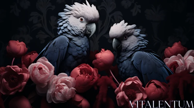 Romantic Scene of Parrots on Roses - Cinema4D Rendering AI Image