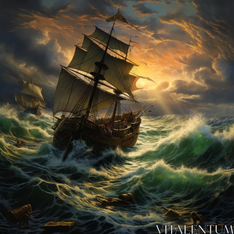 Ship in Stormy Sea: A Renaissance-Inspired Illustration AI Image