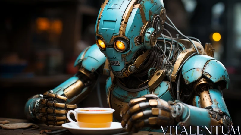 Steelpunk Robot Drinking Tea in Urban Setting AI Image