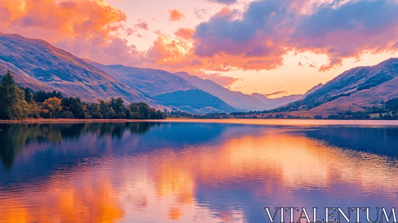 AI ART Lake Sunset with Mountain Reflection