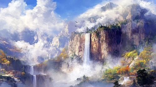 Serene Waterfall amidst Majestic Mountains