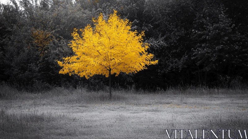 AI ART Vibrant Yellow Tree in a Gray Landscape