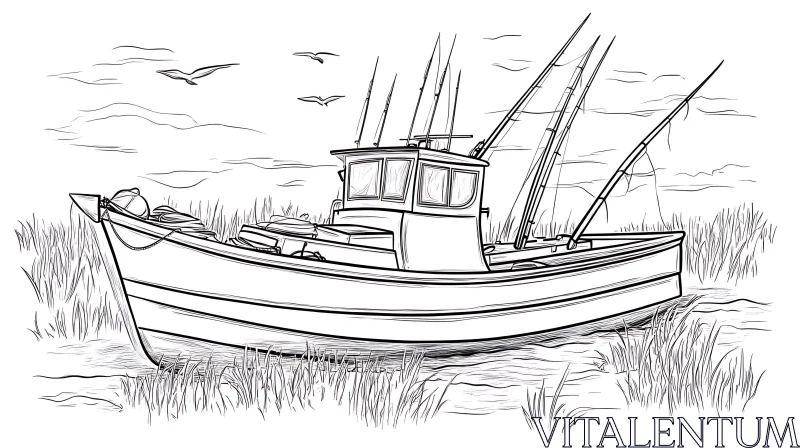 Fishing Boat Line Drawing in Grassy Marsh AI Image