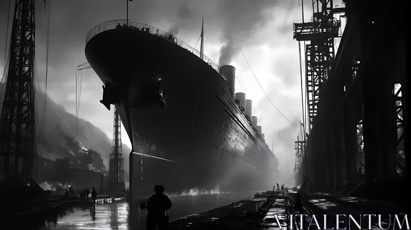 Black and White Dockyard Ship Scene AI Image