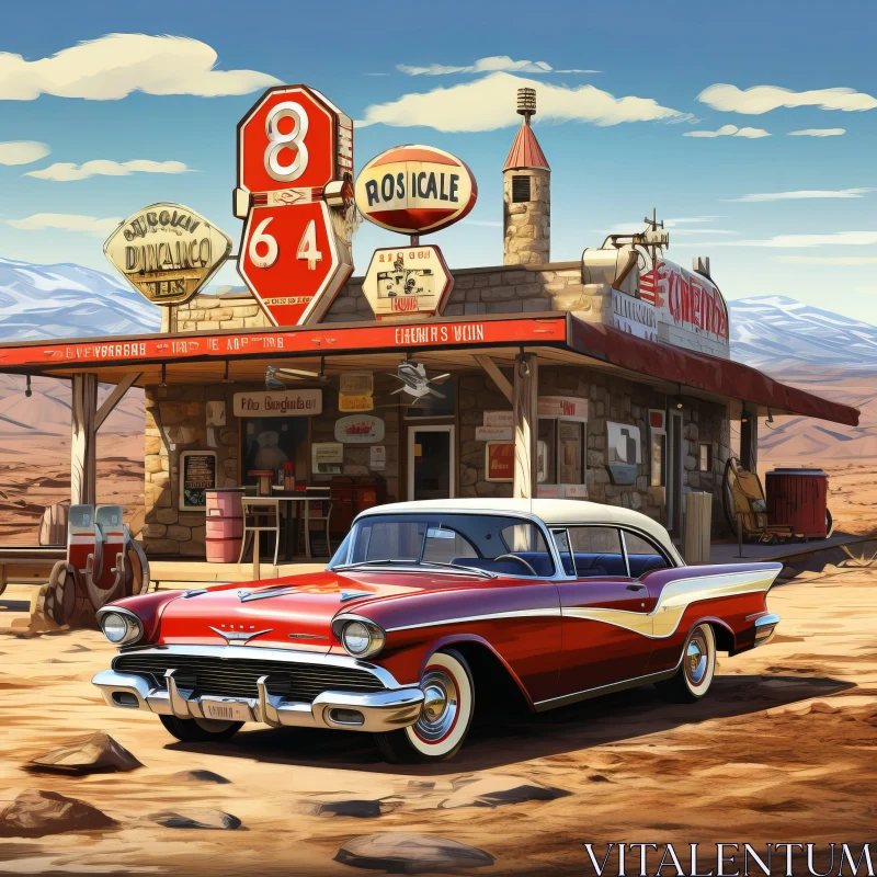 Antique Car at Gas Station: A Tribute to American Car Culture AI Image
