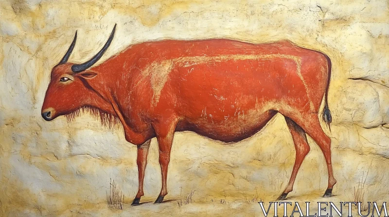 Red Bovine in Prehistoric Rock Art AI Image