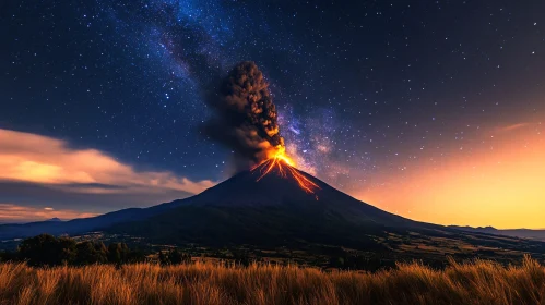 Volcanic Eruption at Night with Starry Sky