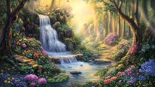 Tranquil Forest Waterfall with Sunlight and Blossoms