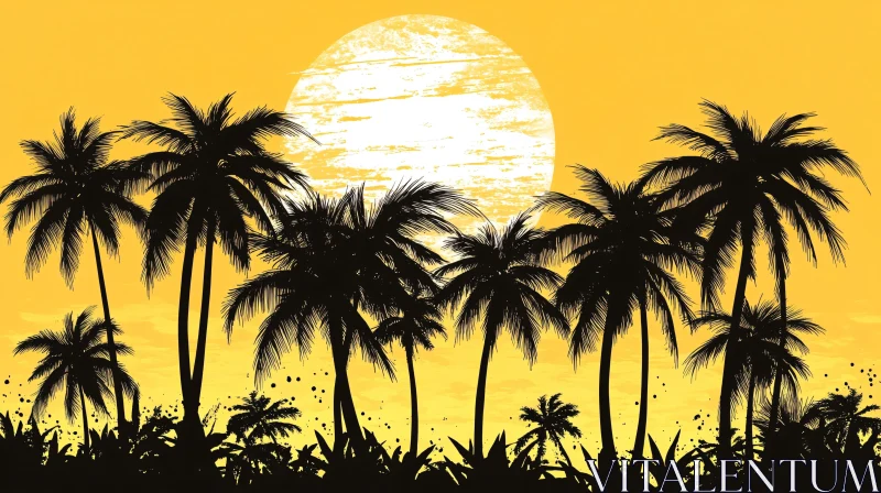 AI ART Golden Sunset with Palm Silhouettes