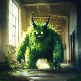 Eerie Green Monster with Glowing Eyes in Corridor