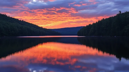 Tranquil Sunset over a Forest-Lined Lake