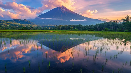 Mountain and Sunset Reflections in Rice Fields