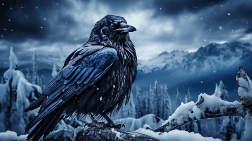 Blue Raven on Snowy Mountain - Spooky Nature Wonders