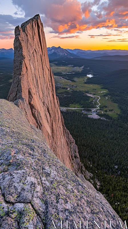 AI ART Rock Formation Overlooking a Verdant Valley at Dusk