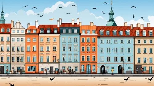 Colorful Cityscape Illustration with Classic Architecture and Flying Gulls