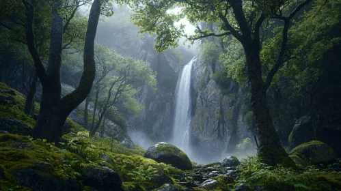 Peaceful Waterfall amidst Lush Greenery