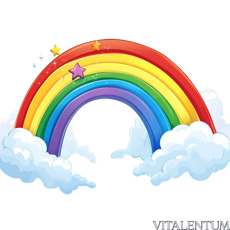 Cartoon Rainbow Arcing Over Fluffy Clouds with Stars AI Image