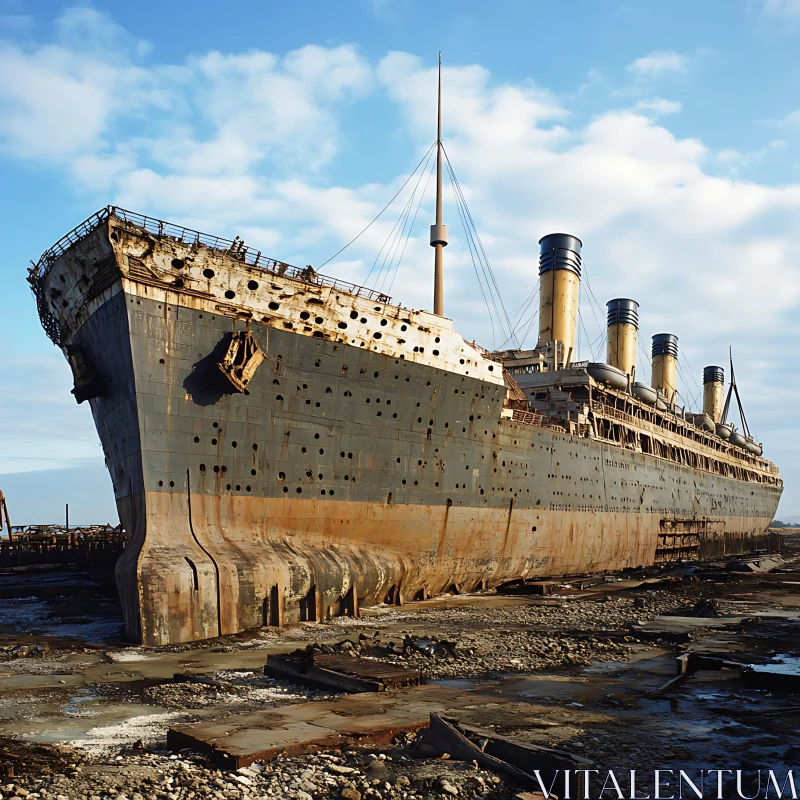 Rusty Abandoned Ship on Shore AI Image