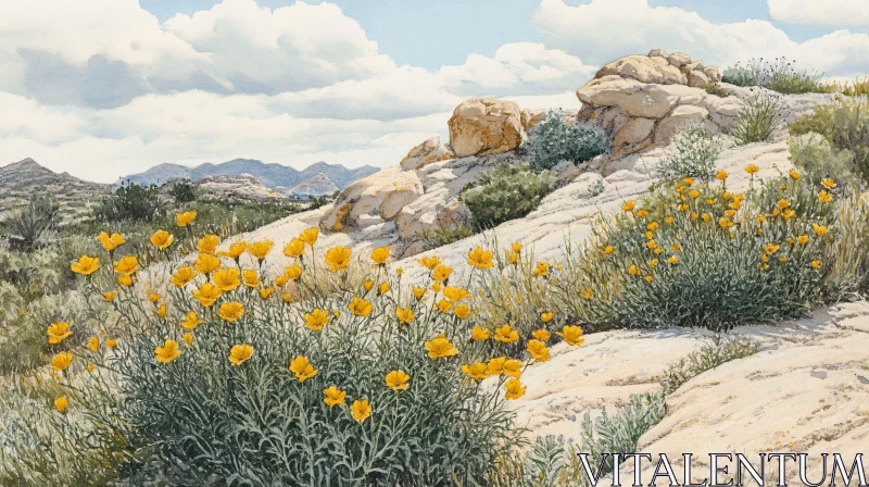 AI ART Wildflower Bloom in Rocky Desert Terrain