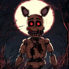 Eerie Robot with Red Eyes in Dark Forest