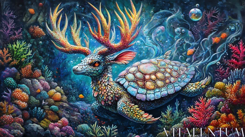 AI ART Mythical Underwater Beast with Colorful Coral Surroundings