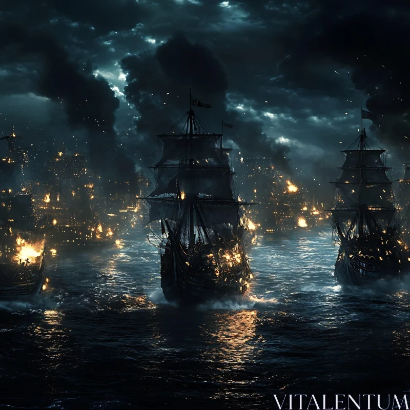 Fierce Fire Engulfing Ships in Nighttime Naval Combat AI Image