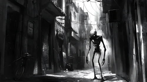 Eerie Black-and-White Urban Scene with Alien Entity