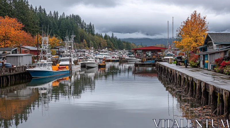 Serene Autumn Harbor with Docked Boats AI Image