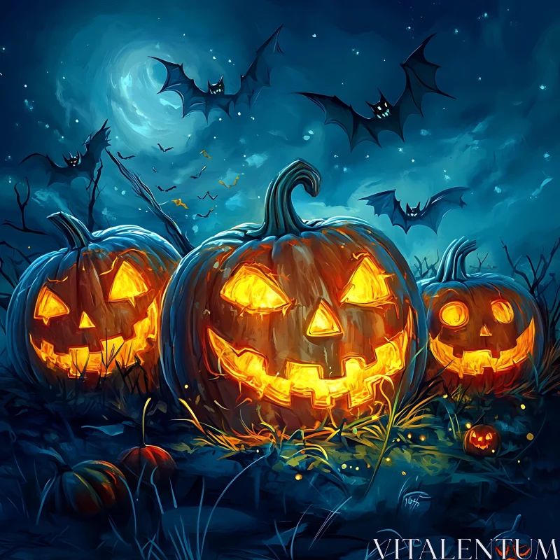 AI ART Spooky Jack-o'-lanterns and Bats Under Moonlit Sky