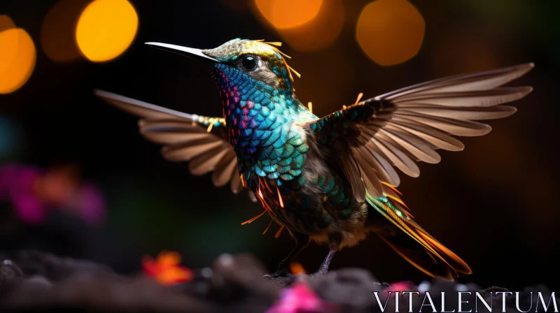Glimmering Light Effects on Multicolored Hummingbird in Flight AI Image