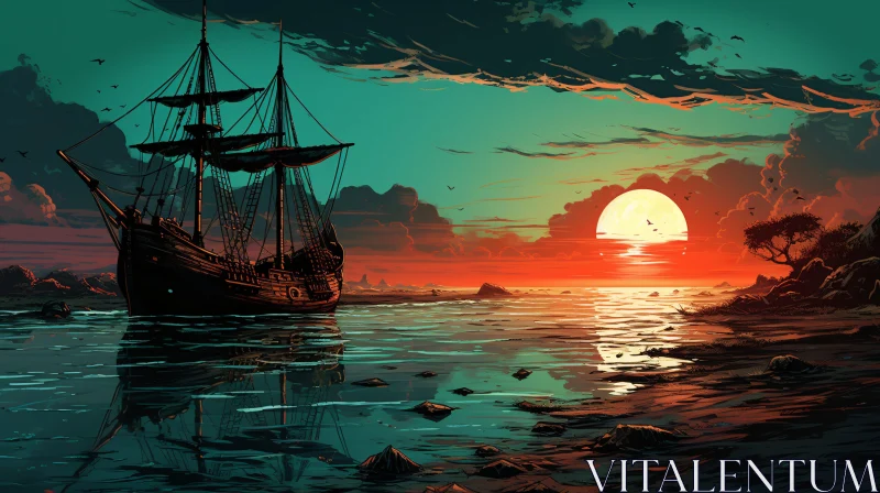 Tranquil Evening with Ship at Sunset AI Image