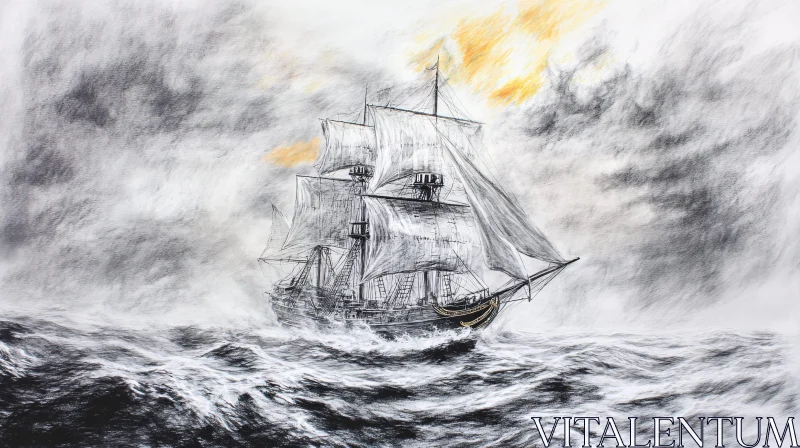 Sailing Ship in Rough Seas with Dramatic Sky AI Image