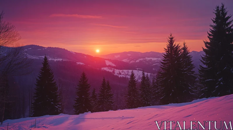 Winter Sunset Over Snowy Mountains AI Image