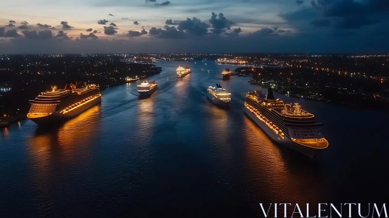 Glowing Cruise Ships at Dusk on Tranquil Waters AI Image