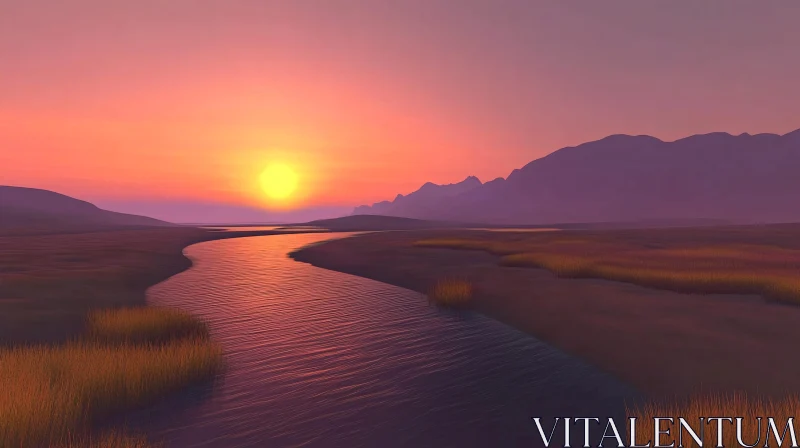 Tranquil Sunset River Landscape with Mountain Silhouettes AI Image