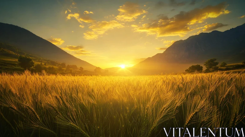 Majestic Sunset Over Wheat Field and Mountains AI Image